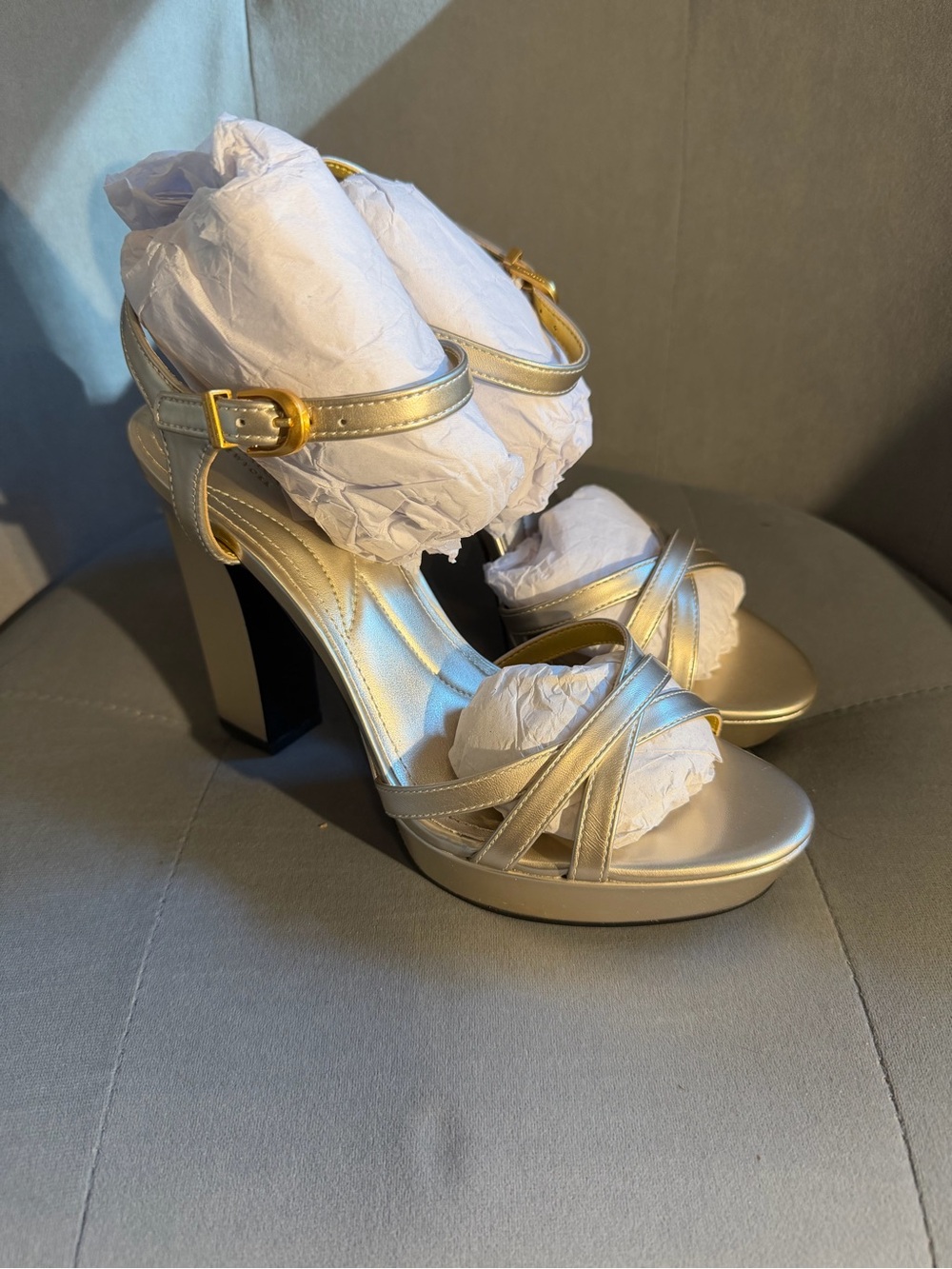Donna Karan - Spencer Metallic Gold Strappy Block Heel Sandals
